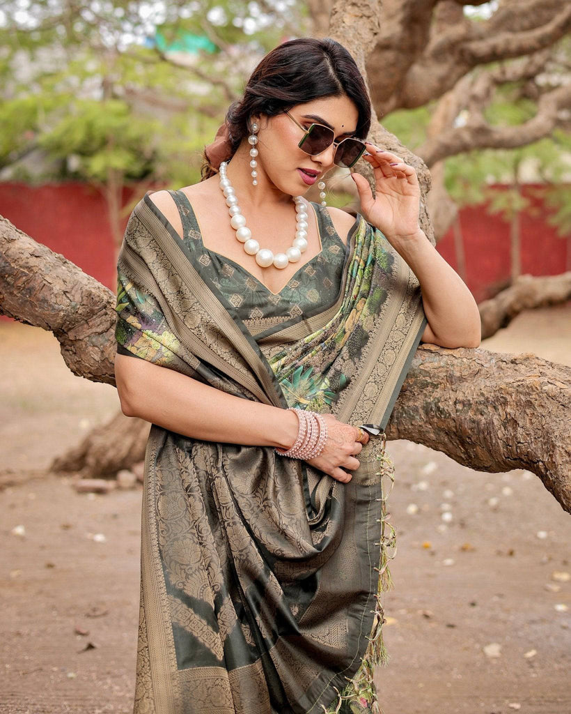 Green Banarasi Silk Saree with Lush Botanical Digital Print & Intricate Zari Border BANARASI PRINTED