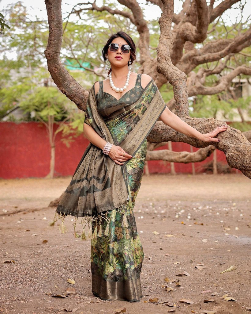 Green Banarasi Silk Saree with Lush Botanical Digital Print & Intricate Zari Border BANARASI PRINTED
