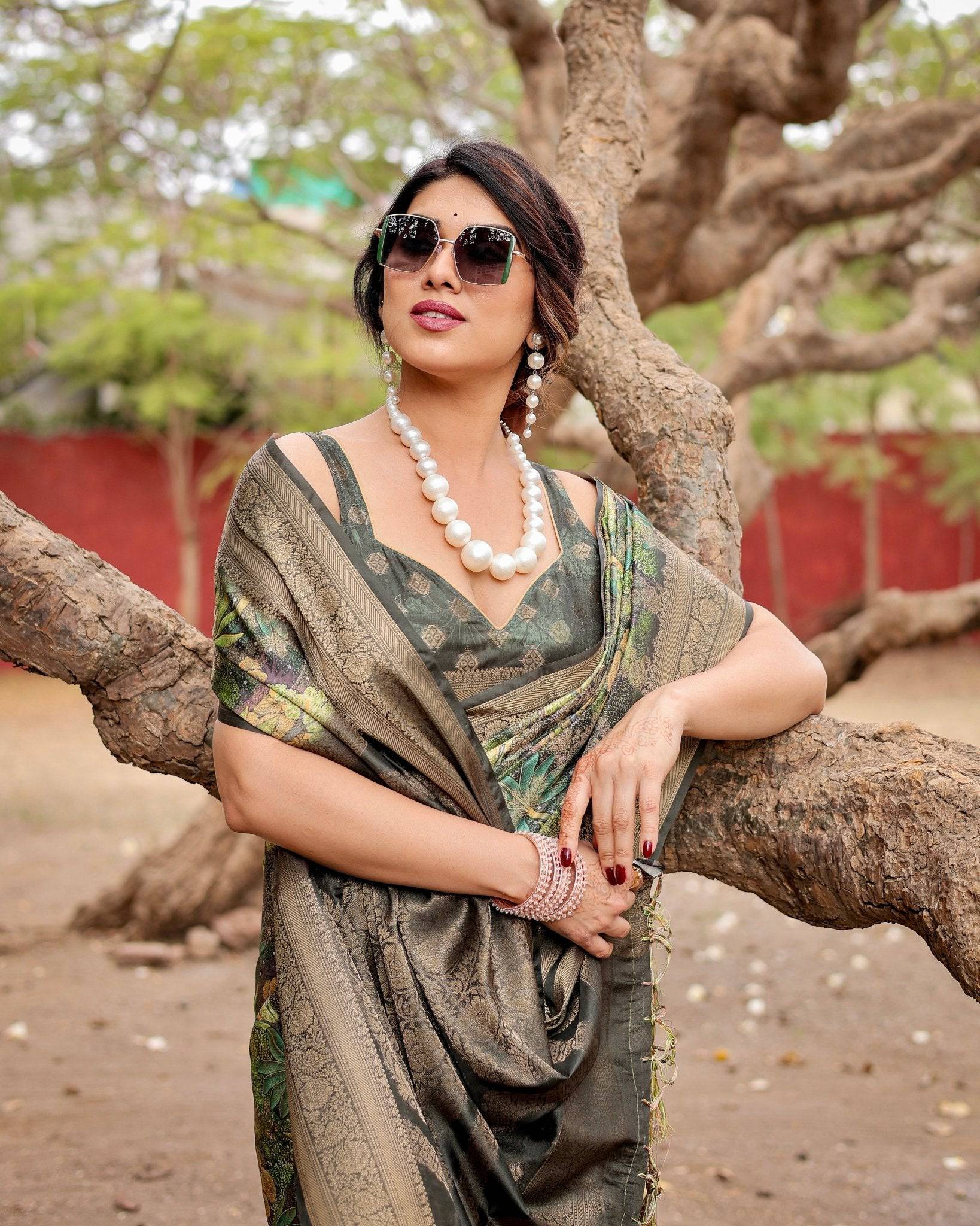 Green Banarasi Silk Saree with Lush Botanical Digital Print & Intricate Zari Border BANARASI PRINTED