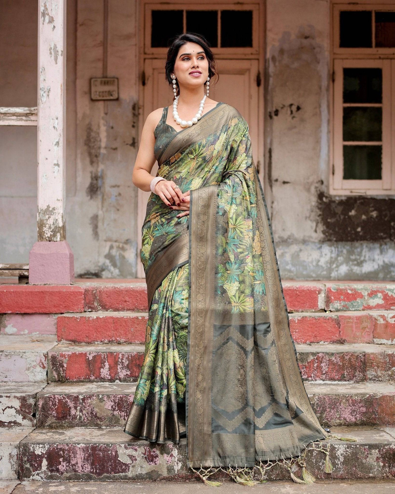 Green Banarasi Silk Saree with Lush Botanical Digital Print & Intricate Zari Border ClothsVilla
