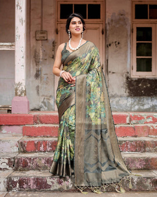 Green Banarasi Silk Saree with Lush Botanical Digital Print & Intricate Zari Border ClothsVilla