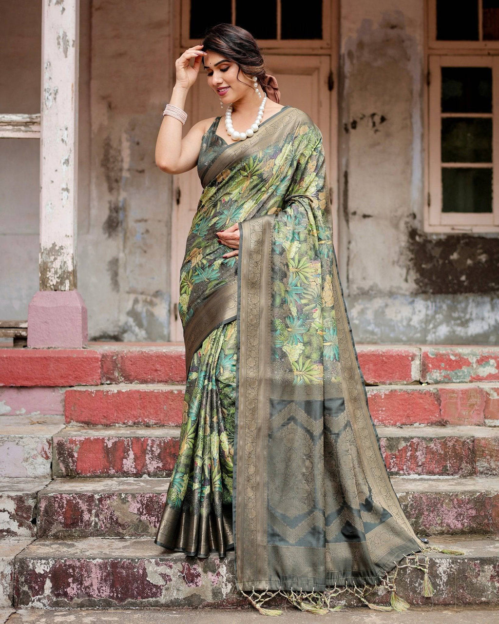 Green Banarasi Silk Saree with Lush Botanical Digital Print & Intricate Zari Border BANARASI PRINTED