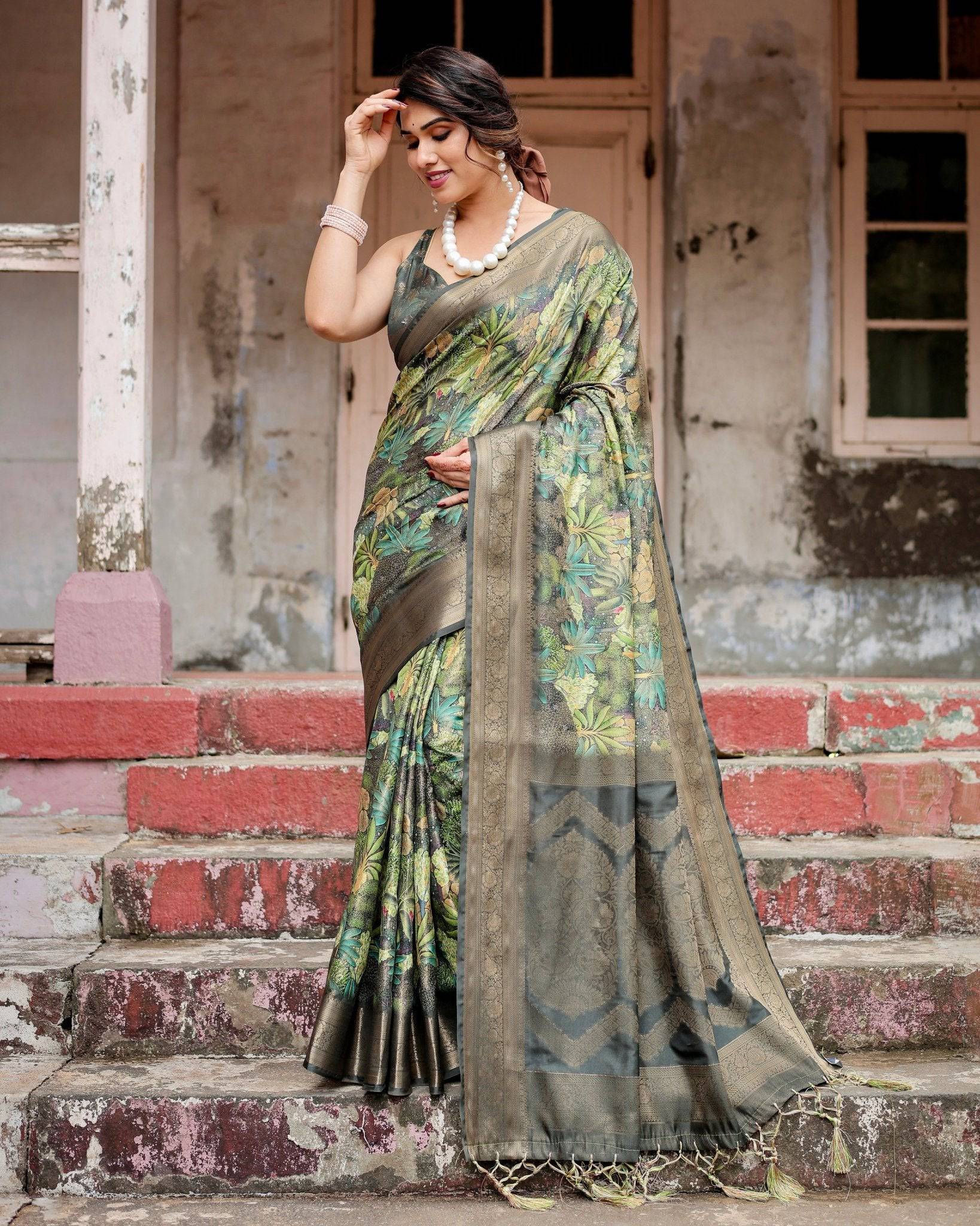 Green Banarasi Silk Saree with Lush Botanical Digital Print & Intricate Zari Border BANARASI PRINTED