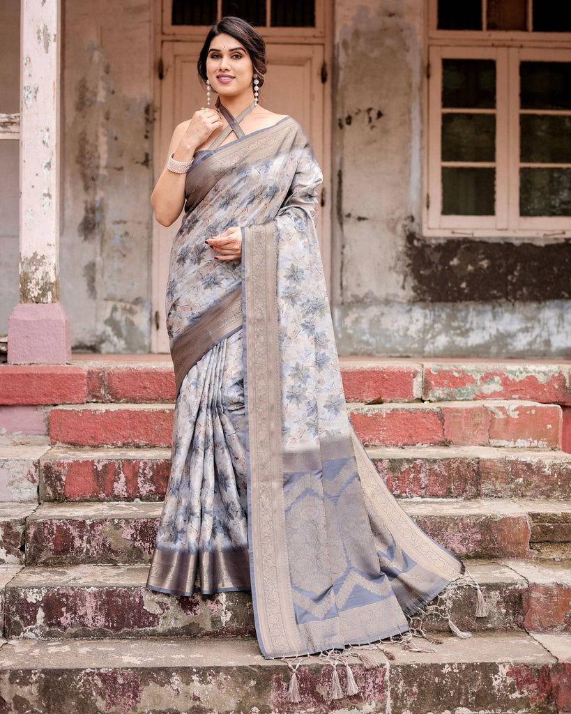 Grey Banarasi Silk Saree with Abstract Floral Print, Zari Border & Tassel Detailing BANARASI PRINTED