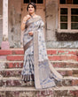 Load image into Gallery viewer, Grey Banarasi Silk Saree with Abstract Floral Print, Zari Border &amp; Tassel Detailing BANARASI PRINTED