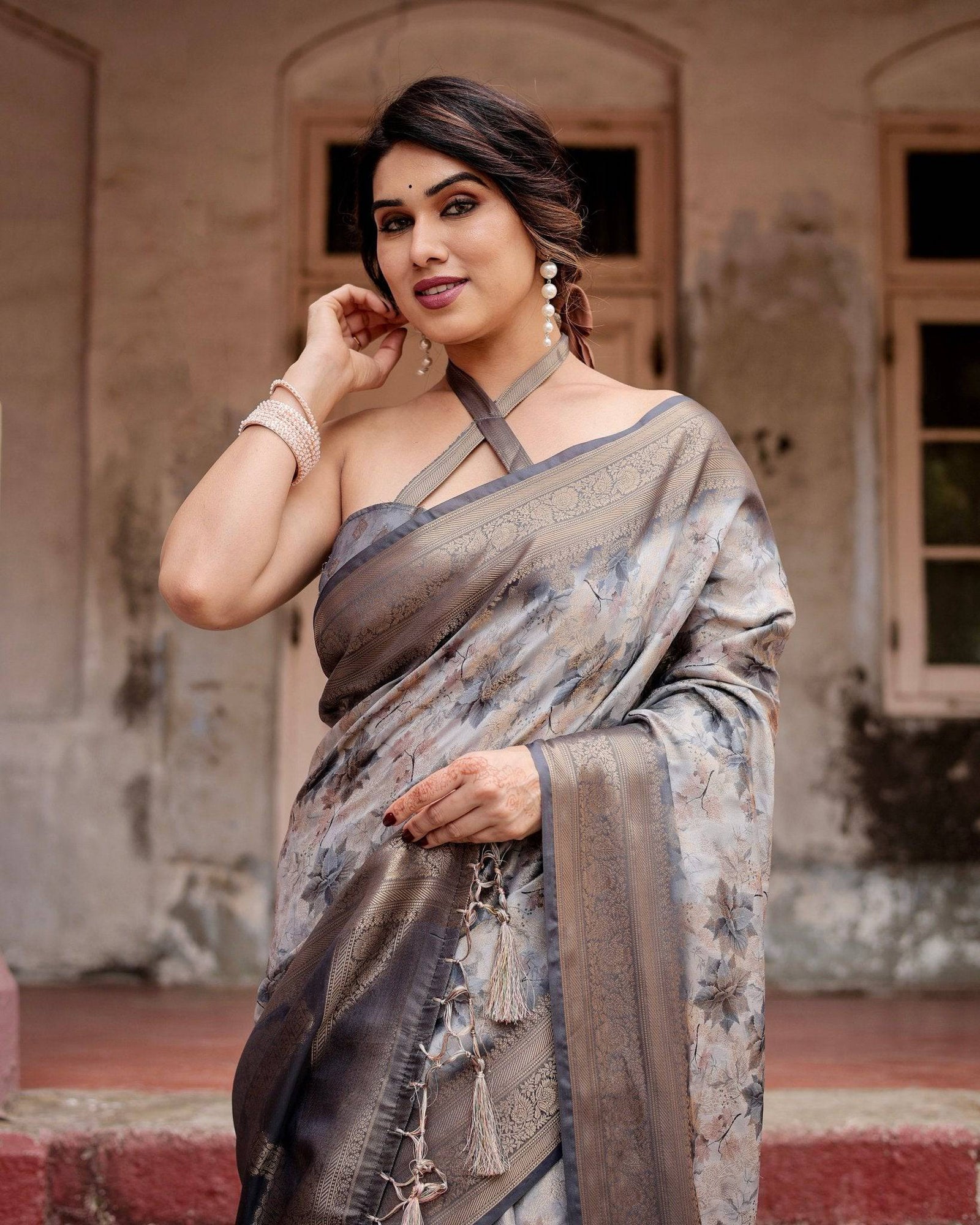 Grey Banarasi Silk Saree with Abstract Floral Print, Zari Border & Tassel Detailing BANARASI PRINTED