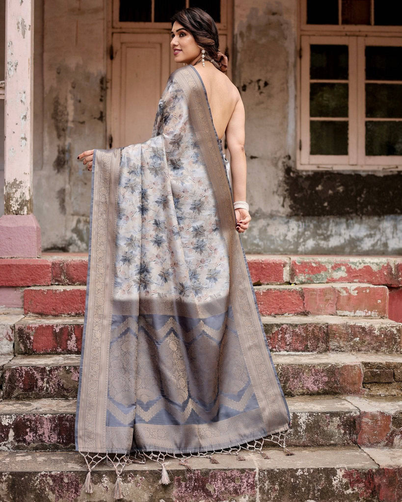 Grey Banarasi Silk Saree with Abstract Floral Print, Zari Border & Tassel Detailing BANARASI PRINTED