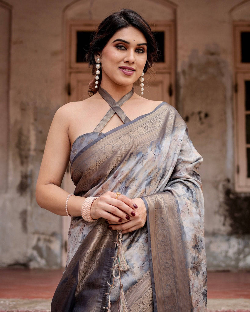 Grey Banarasi Silk Saree with Abstract Floral Print, Zari Border & Tassel Detailing BANARASI PRINTED