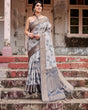 Load image into Gallery viewer, Grey Banarasi Silk Saree with Abstract Floral Print, Zari Border &amp; Tassel Detailing BANARASI PRINTED