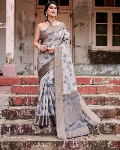 Grey Banarasi Silk Saree with Abstract Floral Print, Zari Border & Tassel Detailing BANARASI PRINTED