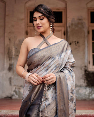 Grey Banarasi Silk Saree with Abstract Floral Print, Zari Border & Tassel Detailing BANARASI PRINTED
