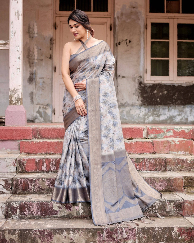 Grey Banarasi Silk Saree with Abstract Floral Print, Zari Border & Tassel Detailing BANARASI PRINTED