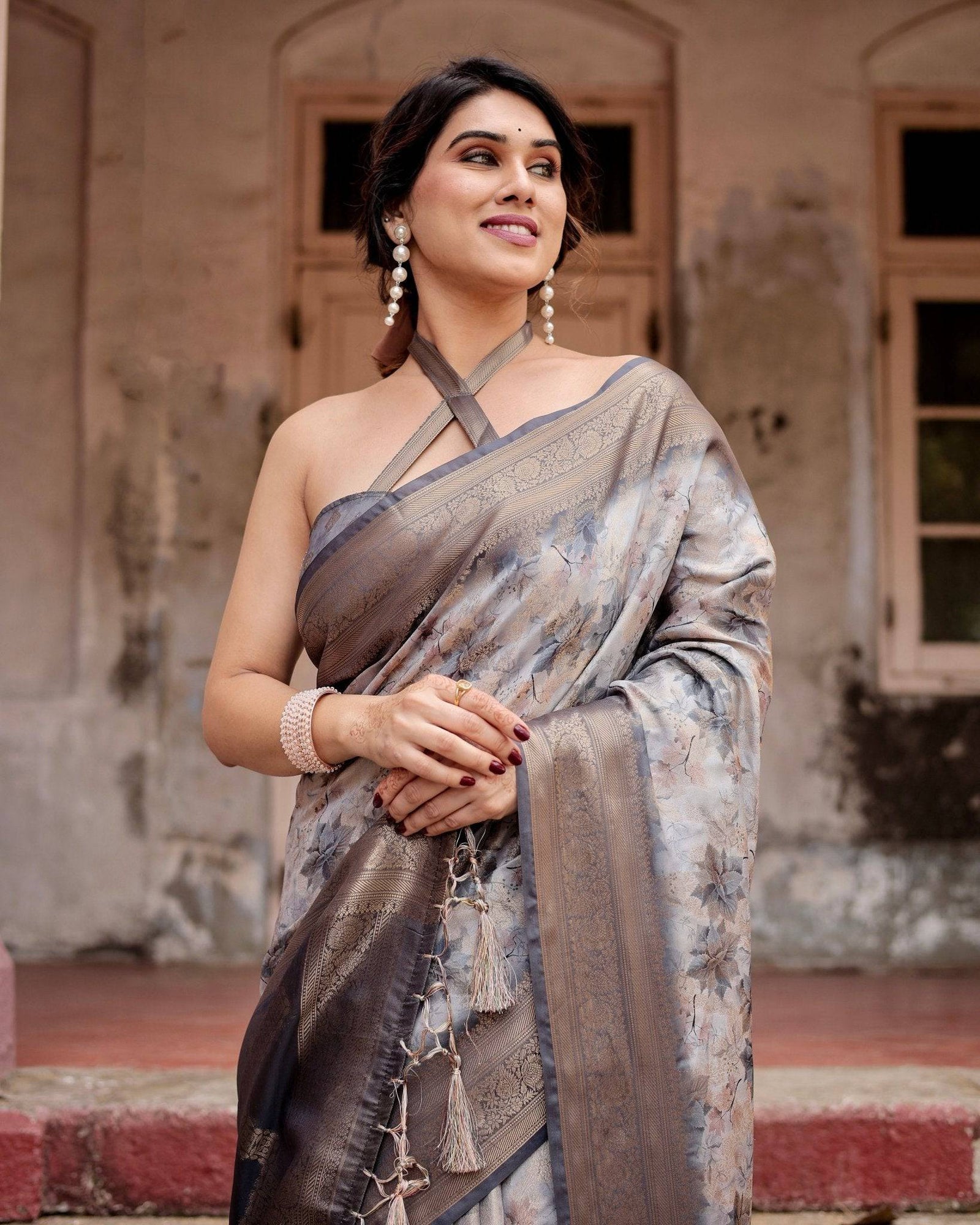 Grey Banarasi Silk Saree with Abstract Floral Print, Zari Border & Tassel Detailing BANARASI PRINTED