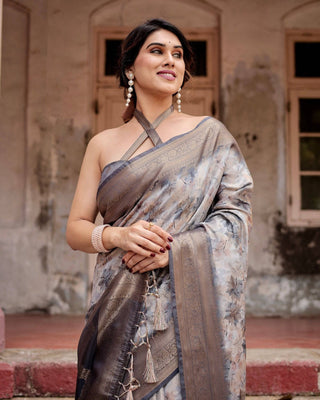 Grey Banarasi Silk Saree with Abstract Floral Print, Zari Border & Tassel Detailing BANARASI PRINTED