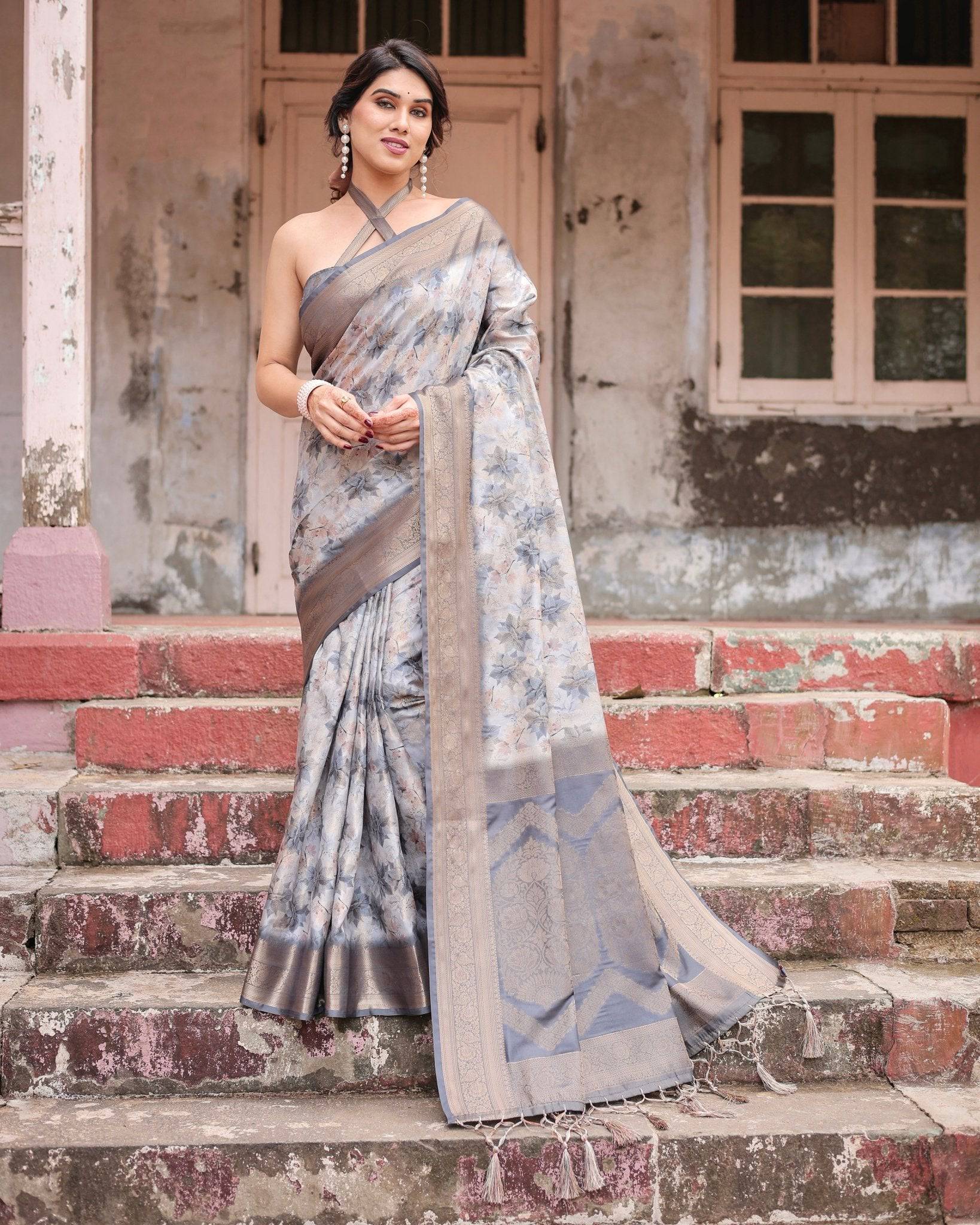 Grey Banarasi Silk Saree with Abstract Floral Print, Zari Border & Tassel Detailing BANARASI PRINTED Main image