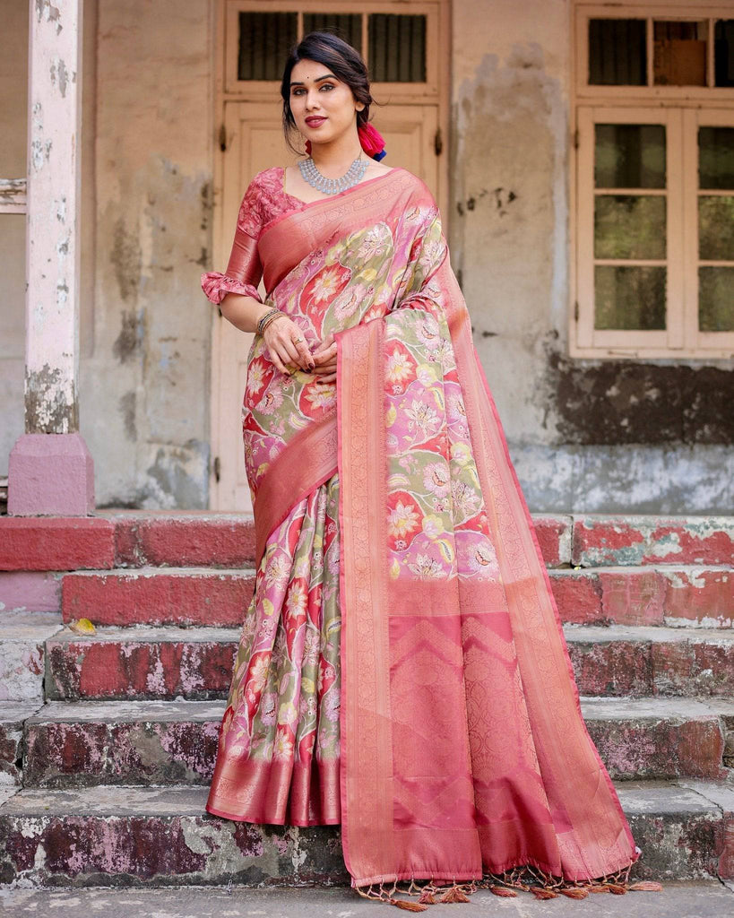 Graceful Peach and Pink Banarasi Silk Saree with Zari Weave and Tassels BANARASI PRINTED