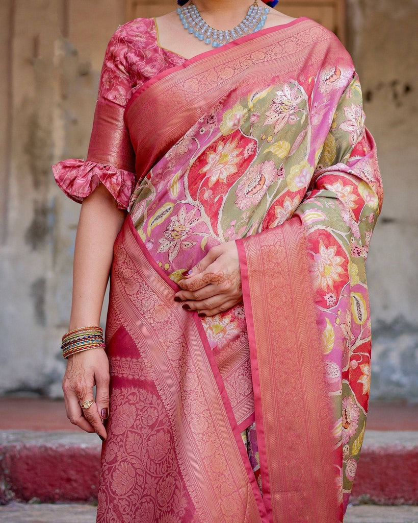 Graceful Peach and Pink Banarasi Silk Saree with Zari Weave and Tassels BANARASI PRINTED