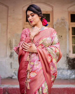 Graceful Peach and Pink Banarasi Silk Saree with Zari Weave and Tassels BANARASI PRINTED