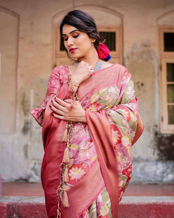 Graceful Peach and Pink Banarasi Silk Saree with Zari Weave and Tassels BANARASI PRINTED
