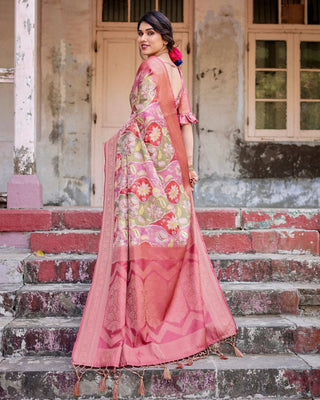Graceful Peach and Pink Banarasi Silk Saree with Zari Weave and Tassels BANARASI PRINTED