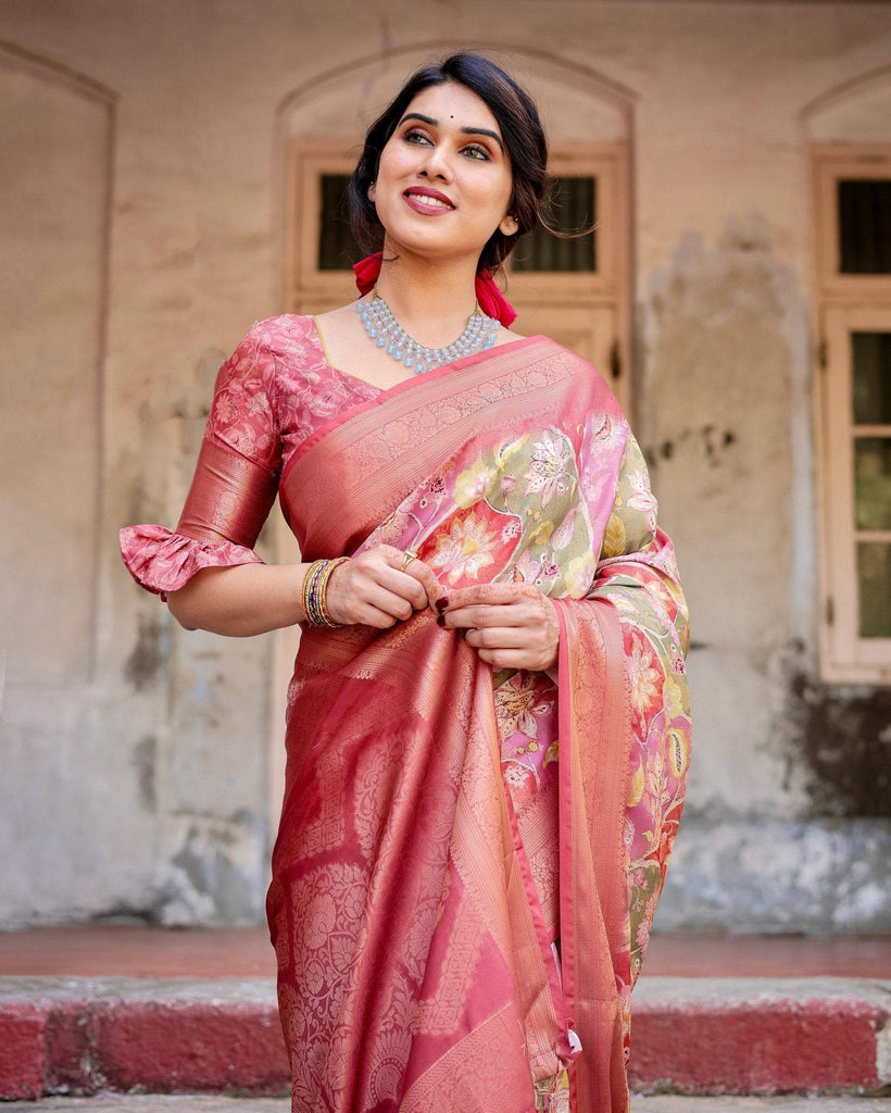 Graceful Peach and Pink Banarasi Silk Saree with Zari Weave and Tassels BANARASI PRINTED