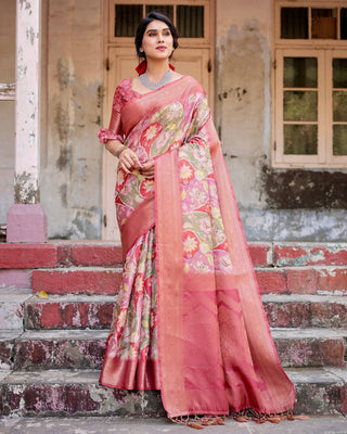 Graceful Peach and Pink Banarasi Silk Saree with Zari Weave and Tassels BANARASI PRINTED