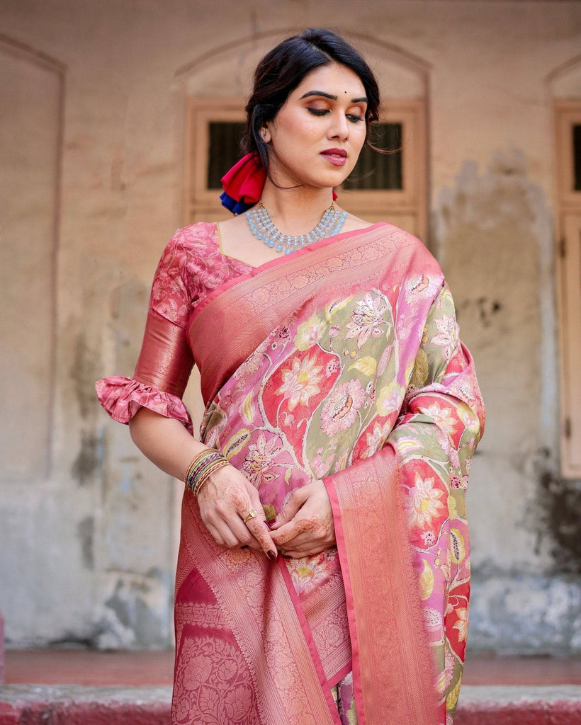 Graceful Peach and Pink Banarasi Silk Saree with Zari Weave and Tassels BANARASI PRINTED