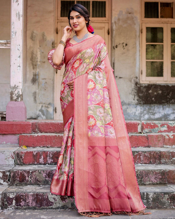 Graceful Peach and Pink Banarasi Silk Saree with Zari Weave and Tassels BANARASI PRINTED