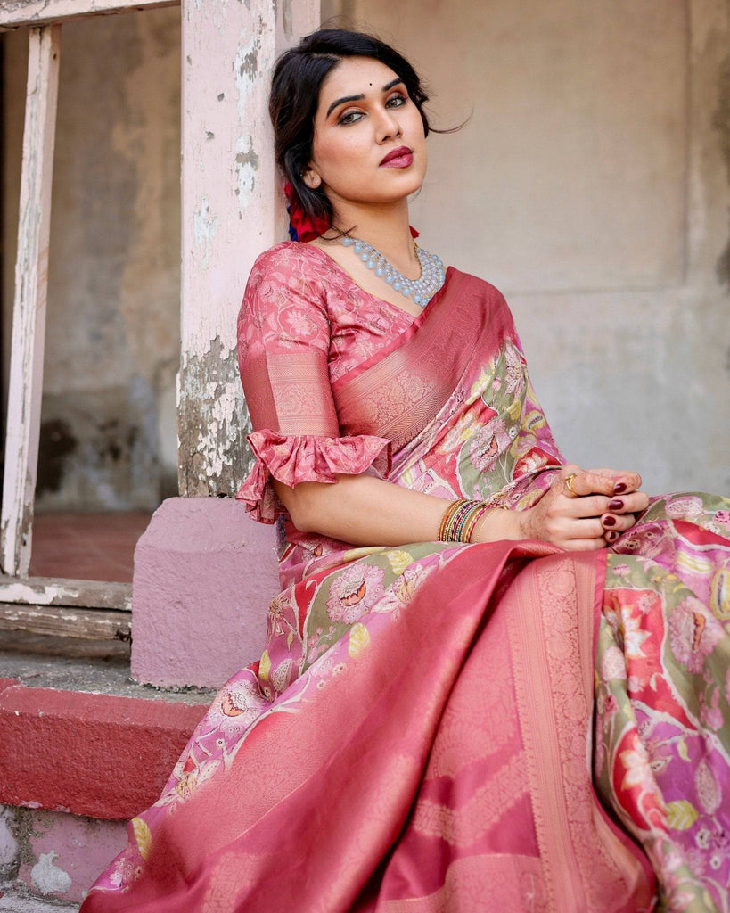 Graceful Peach and Pink Banarasi Silk Saree with Zari Weave and Tassels BANARASI PRINTED