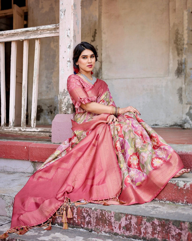 Graceful Peach and Pink Banarasi Silk Saree with Zari Weave and Tassels BANARASI PRINTED