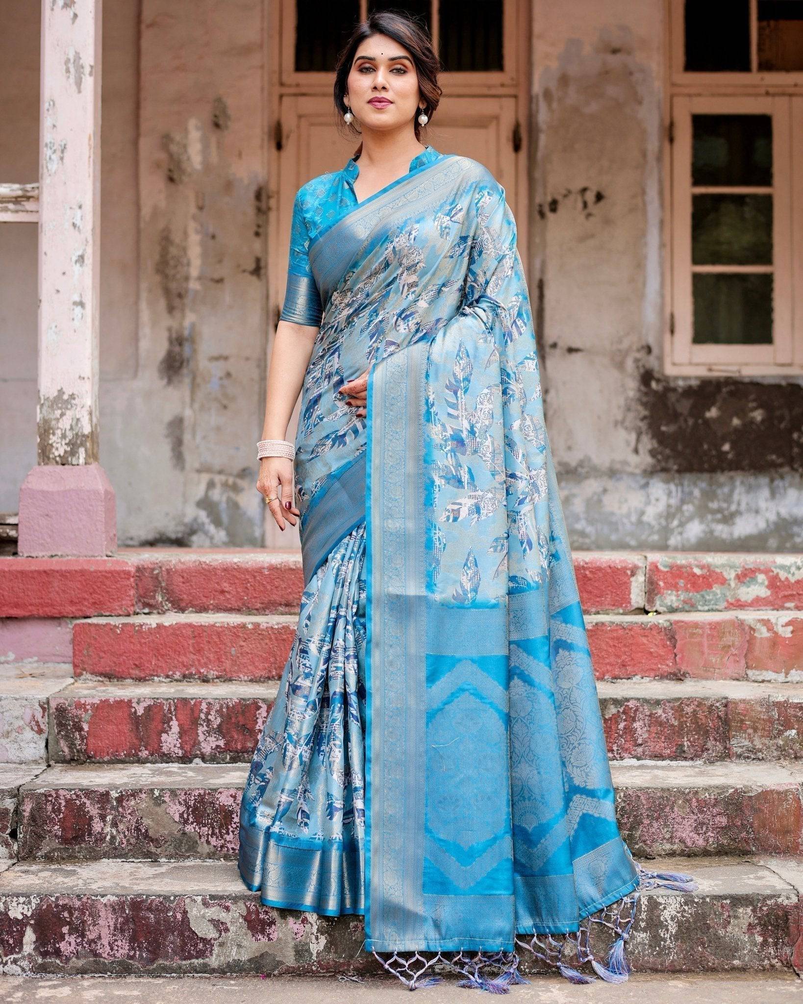 Aqua Blue Banarasi Silk Saree with Zari Border, Floral Motifs, and Tassels BANARASI PRINTED Main image