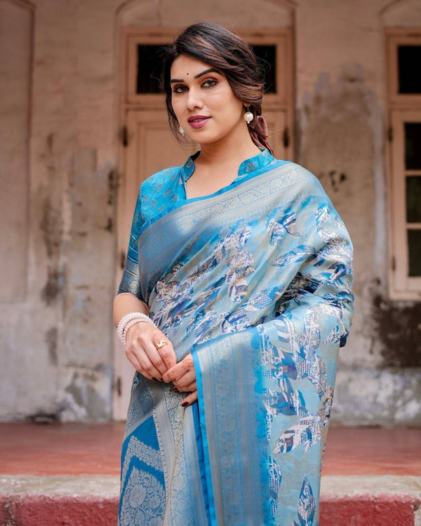 Aqua Blue Banarasi Silk Saree with Zari Border, Floral Motifs, and Tassels BANARASI PRINTED