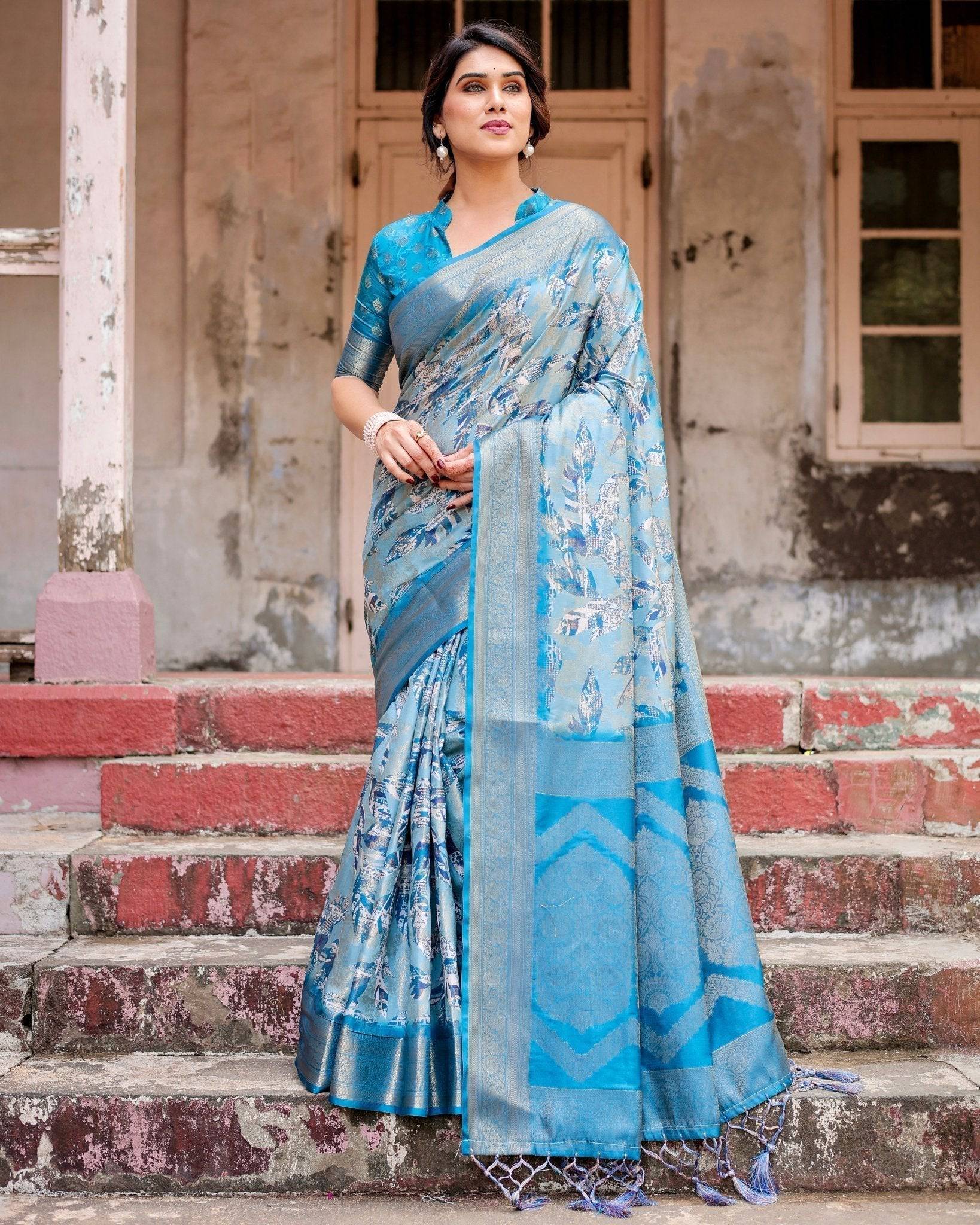 Aqua Blue Banarasi Silk Saree with Zari Border, Floral Motifs, and Tassels BANARASI PRINTED
