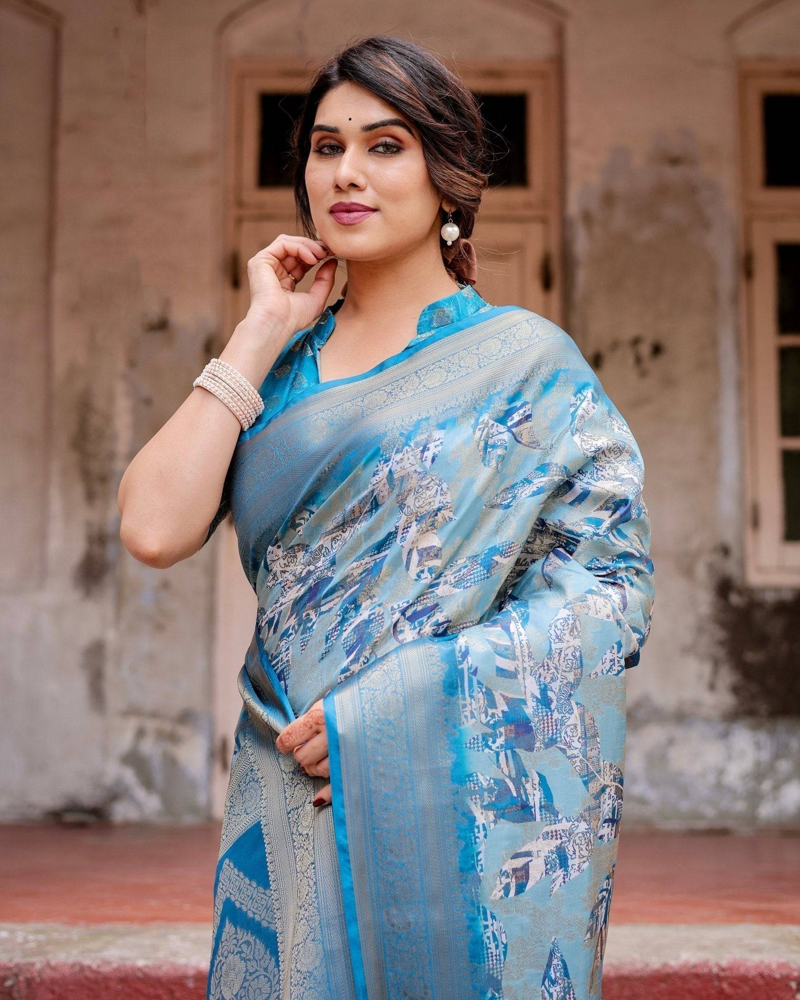 Aqua Blue Banarasi Silk Saree with Zari Border, Floral Motifs, and Tassels BANARASI PRINTED