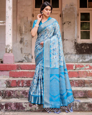Aqua Blue Banarasi Silk Saree with Zari Border, Floral Motifs, and Tassels BANARASI PRINTED