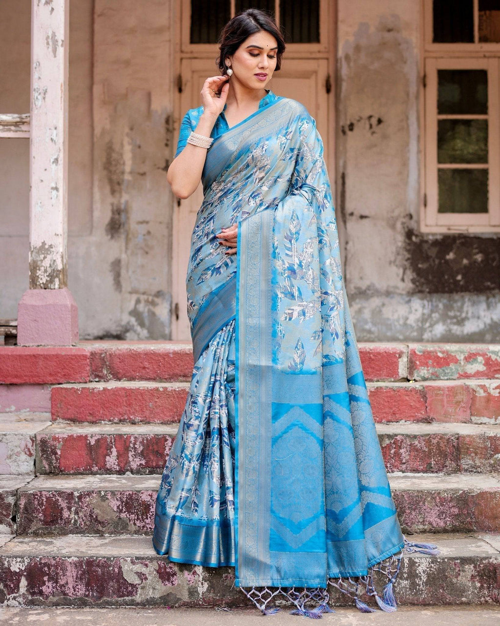 Aqua Blue Banarasi Silk Saree with Zari Border, Floral Motifs, and Tassels BANARASI PRINTED