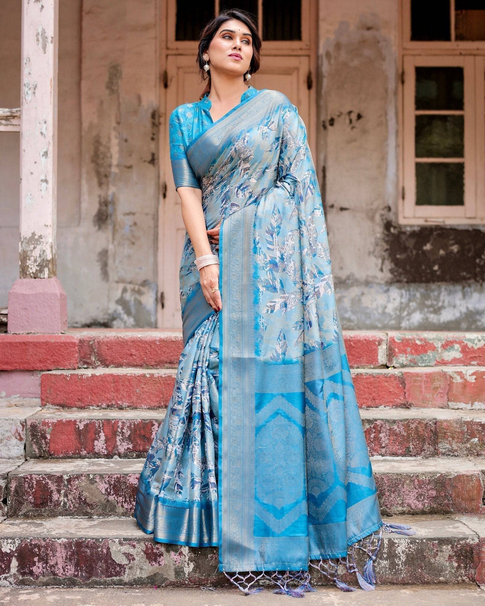 Aqua Blue Banarasi Silk Saree with Zari Border, Floral Motifs, and Tassels Secondary image