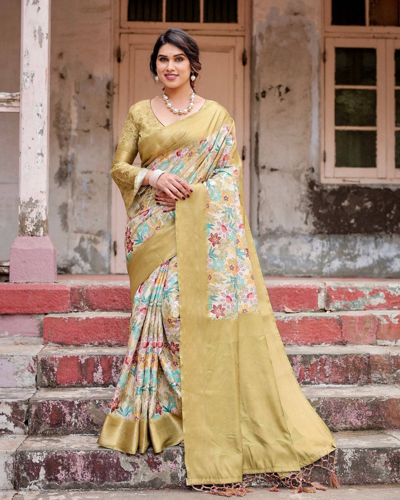 Golden Yellow Banarasi Silk Saree with Multicolor Floral Print and Zari Border BANARASI PRINTED