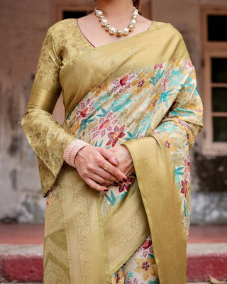 Golden Yellow Banarasi Silk Saree with Multicolor Floral Print and Zari Border BANARASI PRINTED