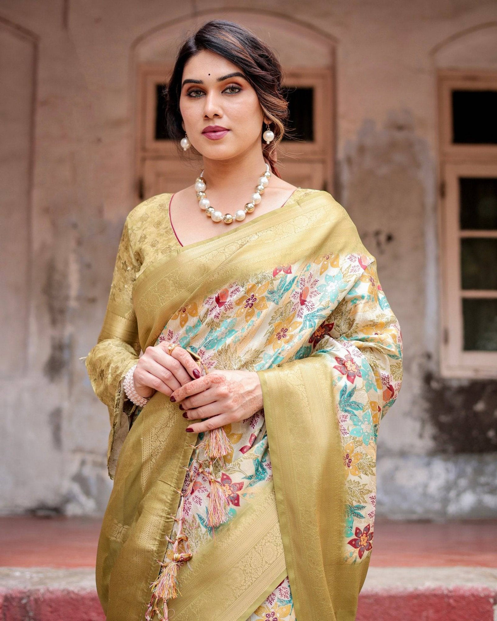 Golden Yellow Banarasi Silk Saree with Multicolor Floral Print and Zari Border BANARASI PRINTED