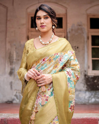 Golden Yellow Banarasi Silk Saree with Multicolor Floral Print and Zari Border BANARASI PRINTED