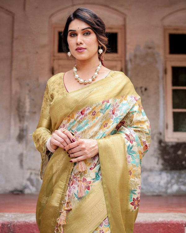 Golden Yellow Banarasi Silk Saree with Multicolor Floral Print and Zari Border BANARASI PRINTED