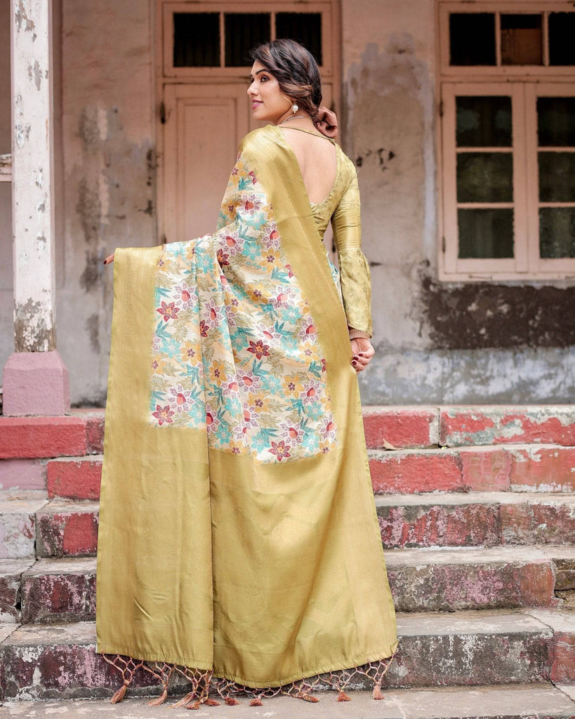 Golden Yellow Banarasi Silk Saree with Multicolor Floral Print and Zari Border BANARASI PRINTED
