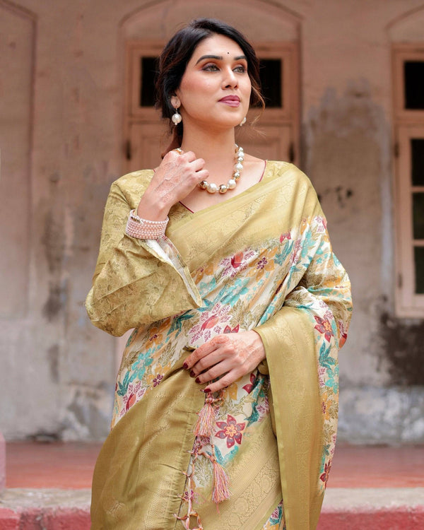 Golden Yellow Banarasi Silk Saree with Multicolor Floral Print and Zari Border BANARASI PRINTED