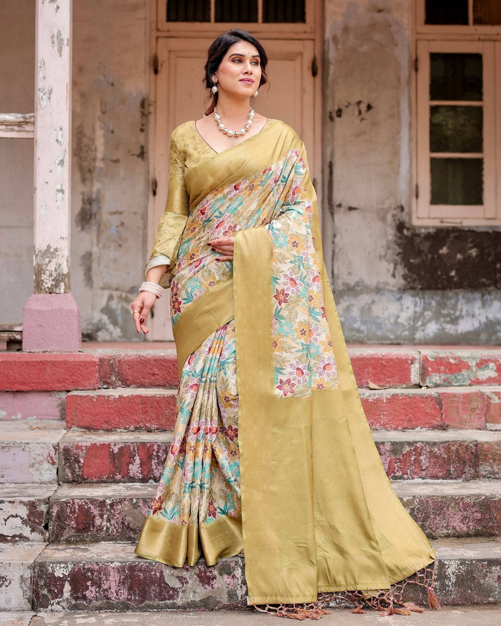 Golden Yellow Banarasi Silk Saree with Multicolor Floral Print and Zari Border Secondary image