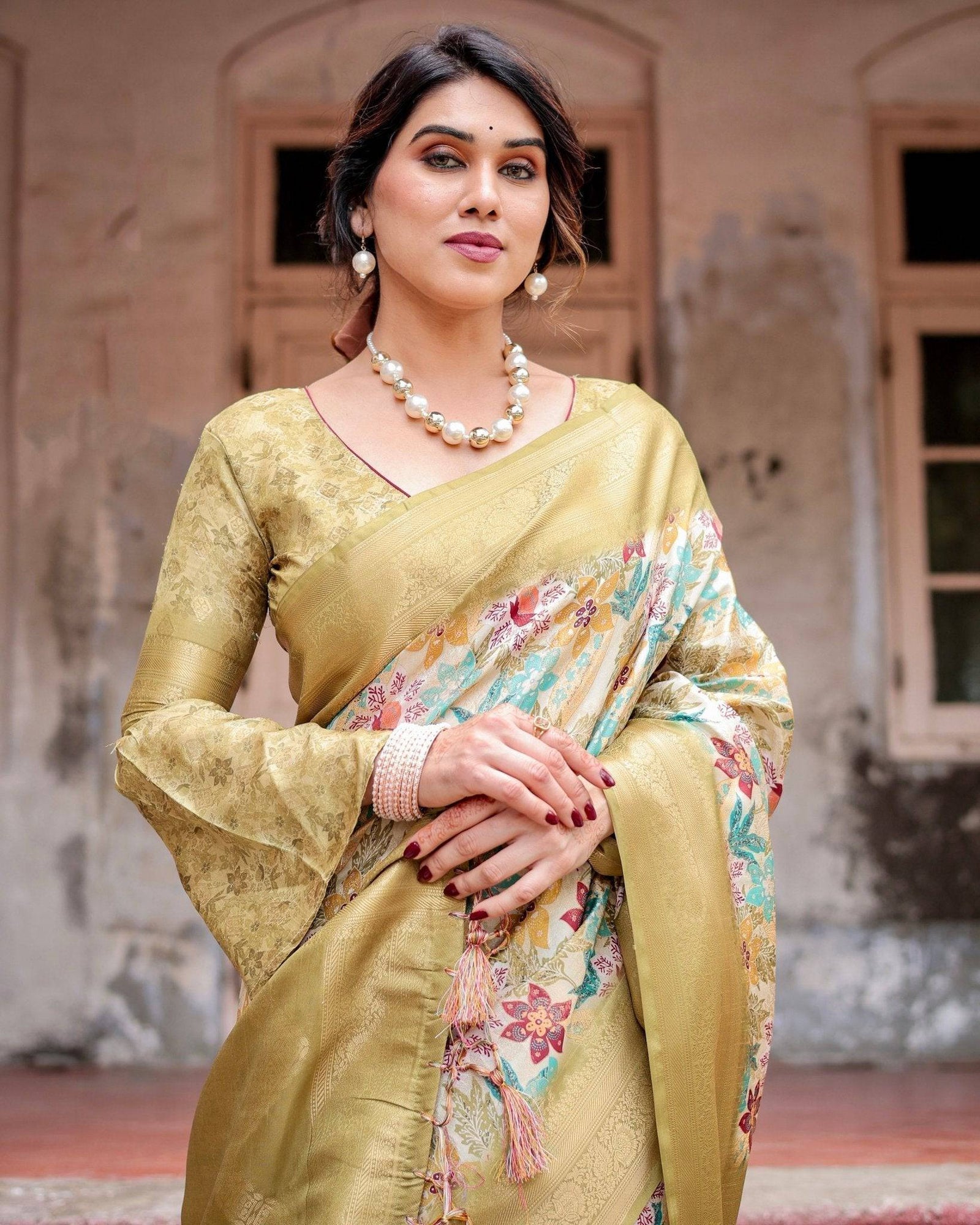 Golden Yellow Banarasi Silk Saree with Multicolor Floral Print and Zari Border BANARASI PRINTED