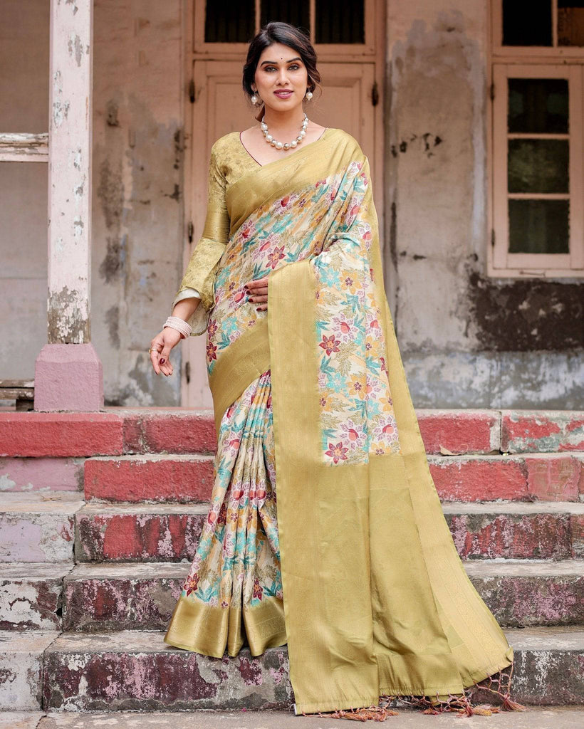 Golden Yellow Banarasi Silk Saree with Multicolor Floral Print and Zari Border BANARASI PRINTED