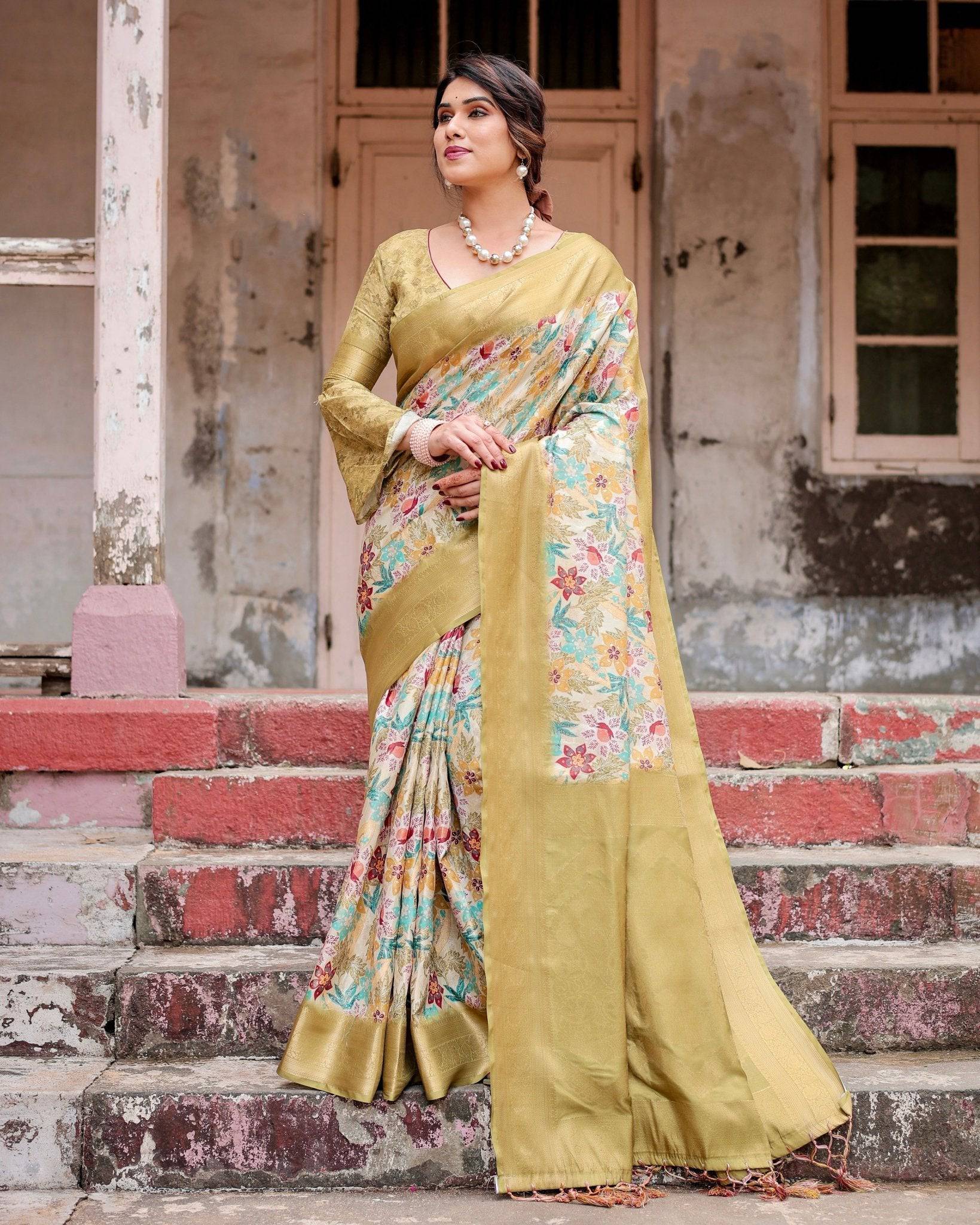 Golden Yellow Banarasi Silk Saree with Multicolor Floral Print and Zari Border Secondary image