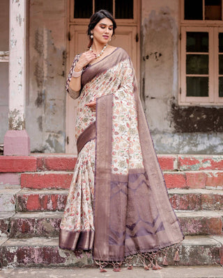 Ivory Banarasi Silk Saree with Plum Zari Border, Floral Print, and Tassels BANARASI PRINTED