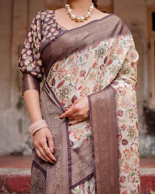 Ivory Banarasi Silk Saree with Plum Zari Border, Floral Print, and Tassels BANARASI PRINTED